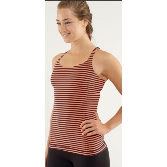 Lululemon Free To Be Tank Top Size 4 Orange‎ Navy Stripes Shelf Bra Luon - Picture 1 of 8